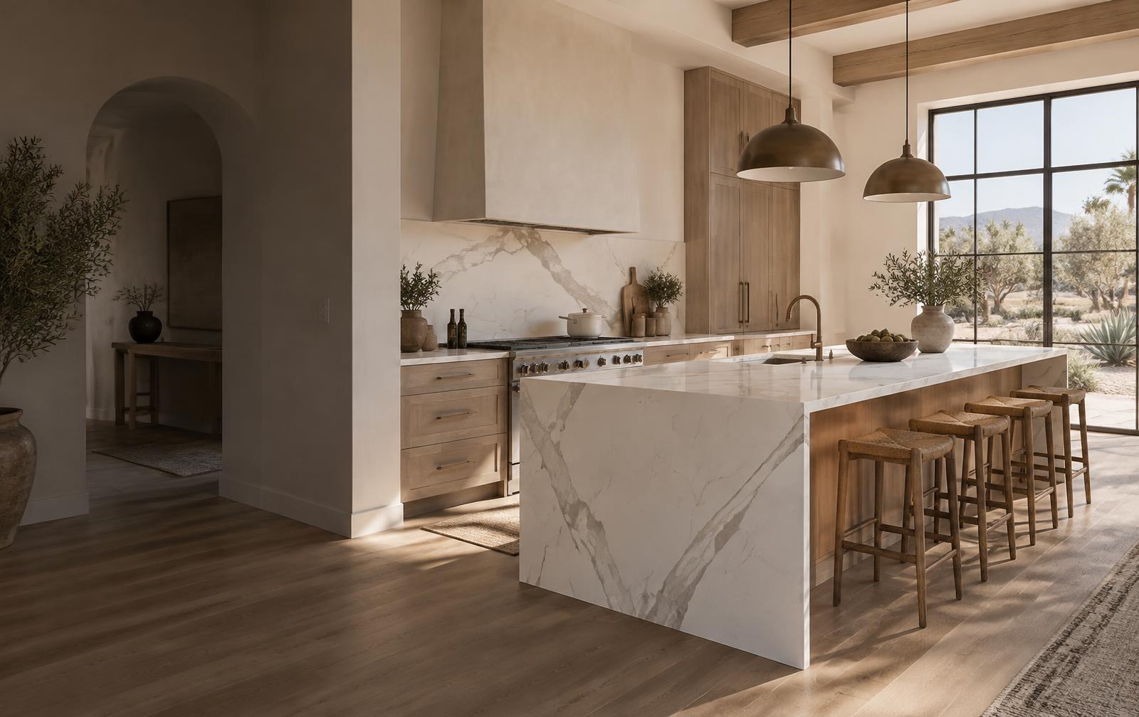 Kitchen design concept with pale oak cabinets and grey-veined countertops; not a Flip Homeworks project